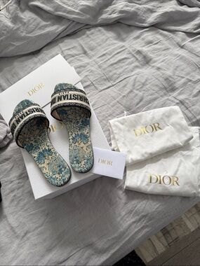 Authentic Dior Blue & Cream Floral Embroidered Slide Sandals